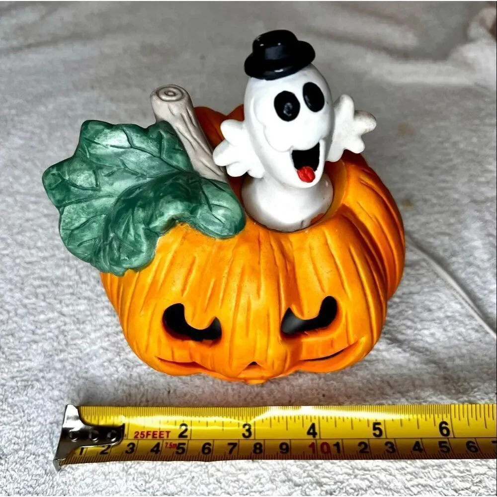 Halloween Lighted Pumpkin W Ghost Decor 1993 Hand Painted Porcelain Home Decor